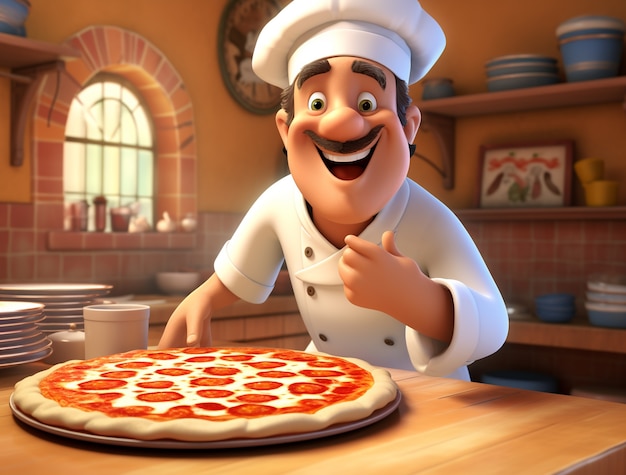 Vista di un cuoco di cartoni animati con una deliziosa pizza 3D