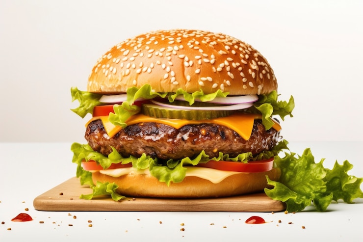 Vista di un delizioso hamburger con panini e formaggio