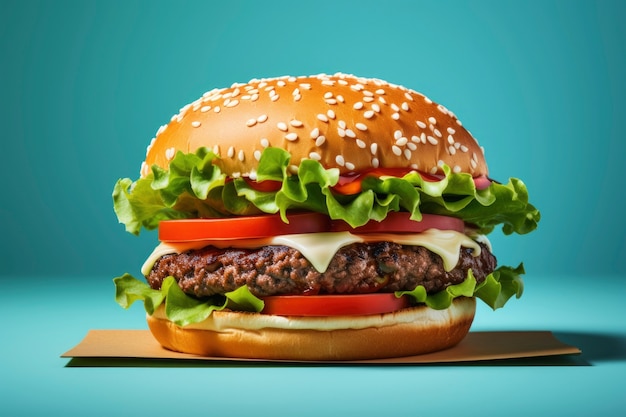 Vista di un delizioso hamburger con panini e formaggio