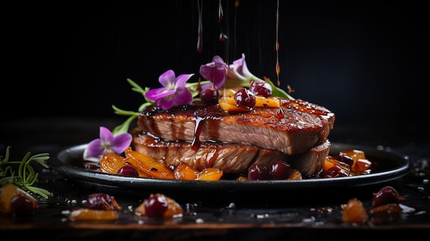 Vista di un delizioso piatto di bistecca con salsa