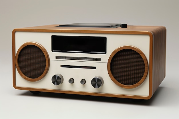 Vista di un dispositivo radio vintage in tonalità di noce