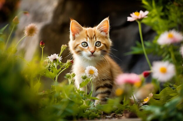 Vista di un gattino adorabile con dei fiori