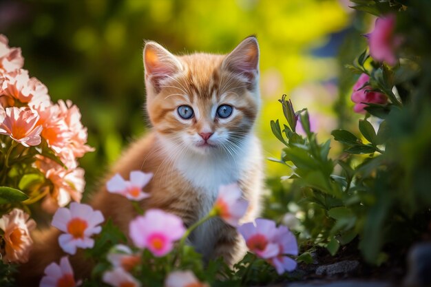 Vista di un gattino adorabile con dei fiori