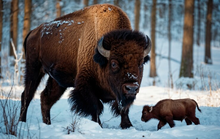 Foto gratuito vista di un maestoso bisonte nel suo habitat naturale durante un giorno d'inverno