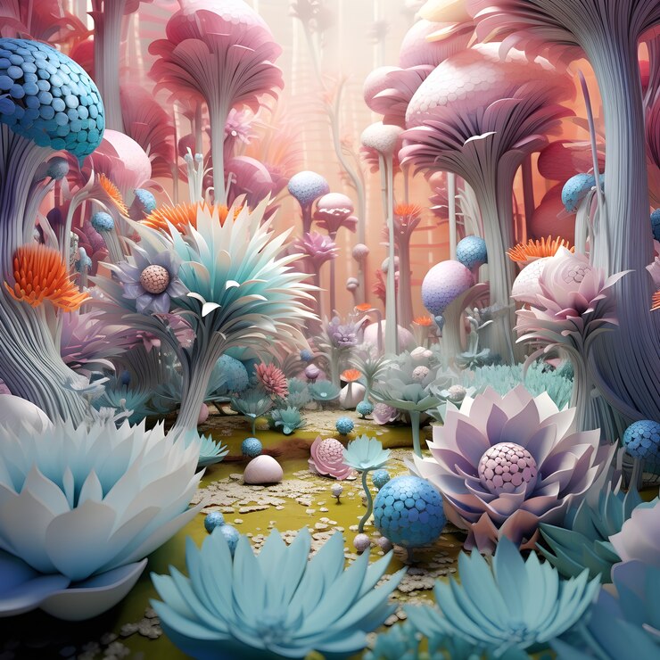 Foto gratuito vista di un paesaggio mistico 3d astratto con fiori