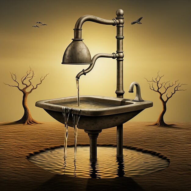 Vista di un rubinetto immaginario con acqua corrente e paesaggio surreale per la consapevolezza della Giornata Mondiale dell'Acqua