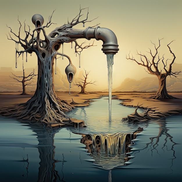 Vista di un rubinetto immaginario con acqua corrente e paesaggio surreale per la consapevolezza della Giornata Mondiale dell'Acqua