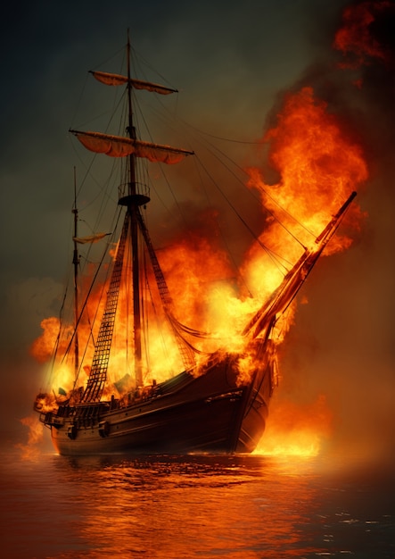 Vista di una barca in fiamme