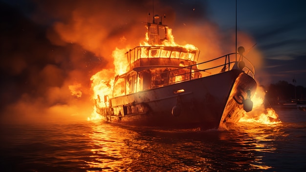 Vista di una barca in fiamme