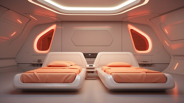 Vista di una camera da letto futuristica con mobili