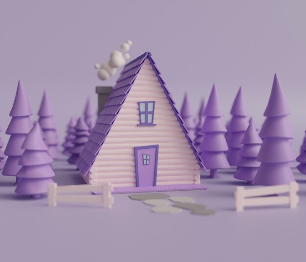 Vista di una casa 3D con recinzione e alberi
