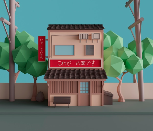 Vista di una casa 3D in stile giapponese