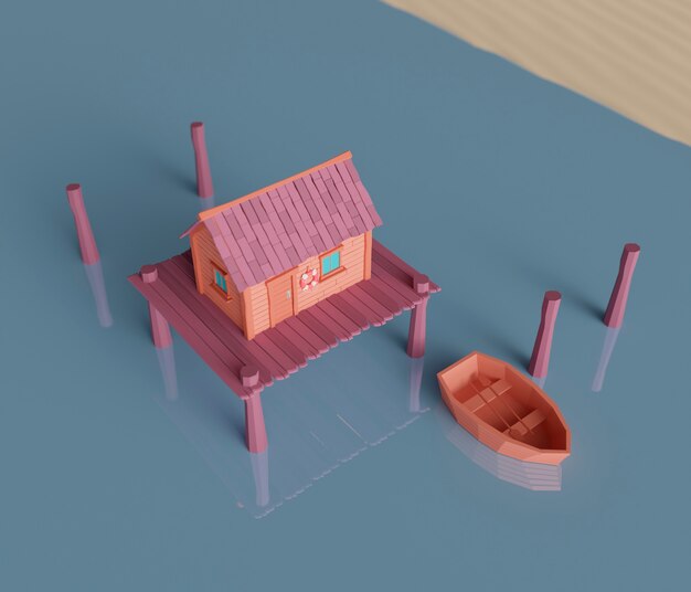 Vista di una casa 3D sull'acqua con piloni