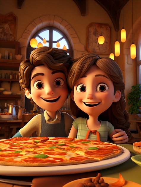 Vista di una coppia di cartoni animati con una deliziosa pizza 3D