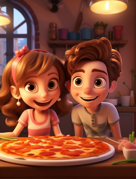 Vista di una coppia di cartoni animati con una deliziosa pizza 3D
