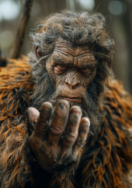 Vista di una creatura sasquatch in natura all'aperto
