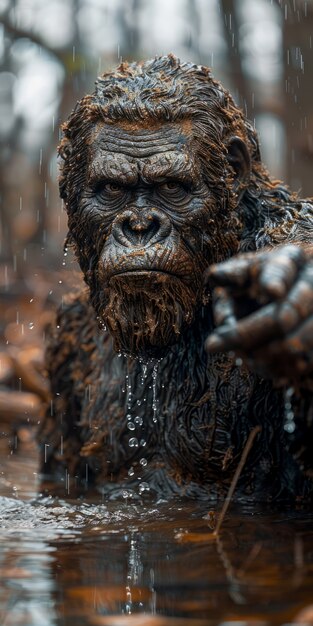 Vista di una creatura sasquatch in natura all'aperto