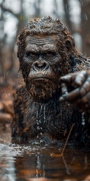 Vista di una creatura sasquatch in natura all'aperto