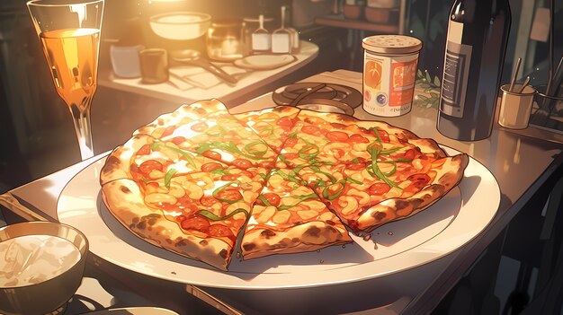 Vista di una deliziosa pizza in stile anime