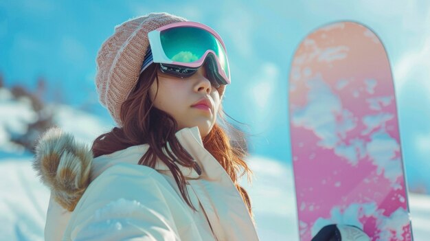 Vista di una donna che fa snowboard con sfumature pastello e paesaggio da sogno