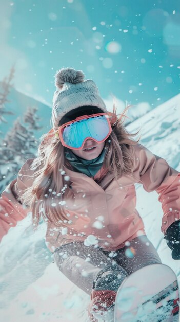 Vista di una donna che fa snowboard con sfumature pastello e paesaggio da sogno