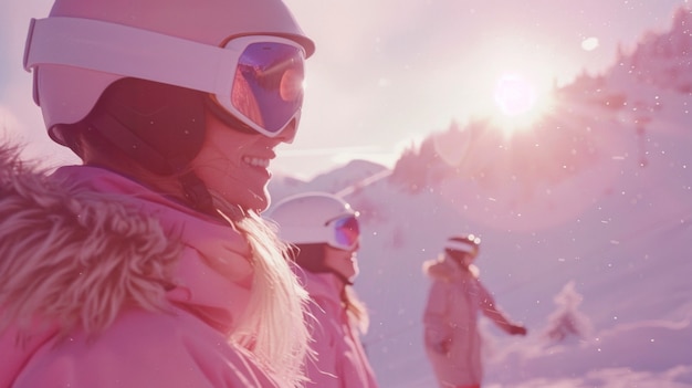 Vista di una donna che fa snowboard con sfumature pastello e paesaggio da sogno