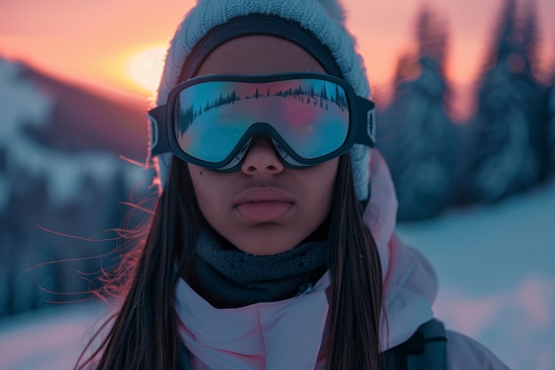 Vista di una donna che fa snowboard con sfumature pastello e paesaggio da sogno