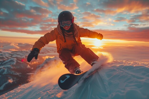 Vista di una donna che fa snowboard con sfumature pastello e paesaggio da sogno