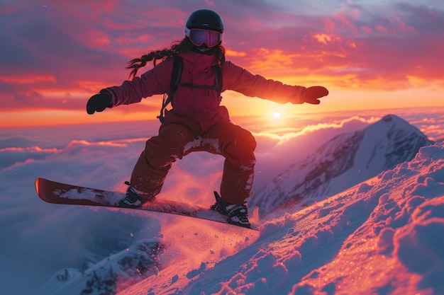 Vista di una donna che fa snowboard con sfumature pastello e paesaggio da sogno