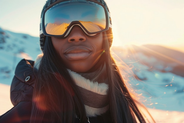 Vista di una donna che fa snowboard con sfumature pastello e paesaggio da sogno