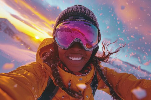 Vista di una donna che fa snowboard con sfumature pastello e paesaggio da sogno