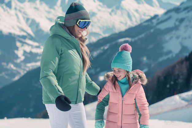 Vista di una donna che fa snowboard con sfumature pastello e paesaggio da sogno