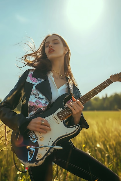 Vista di una donna che suona la chitarra elettrica