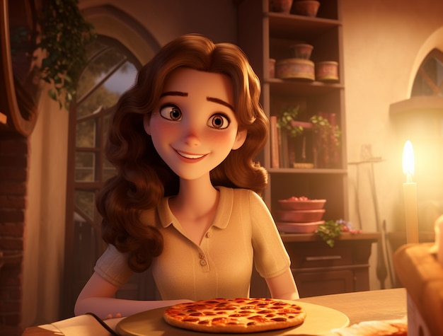 Vista di una donna dei cartoni animati con una deliziosa pizza 3D