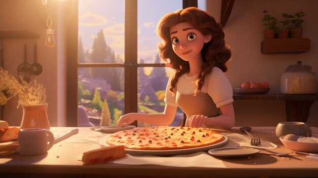 Vista di una donna dei cartoni animati con una deliziosa pizza 3D