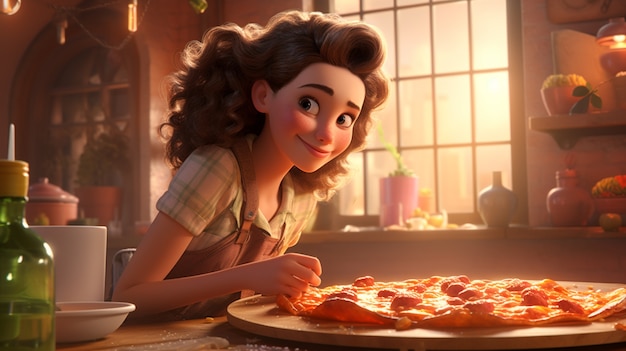 Vista di una donna dei cartoni animati con una deliziosa pizza 3D