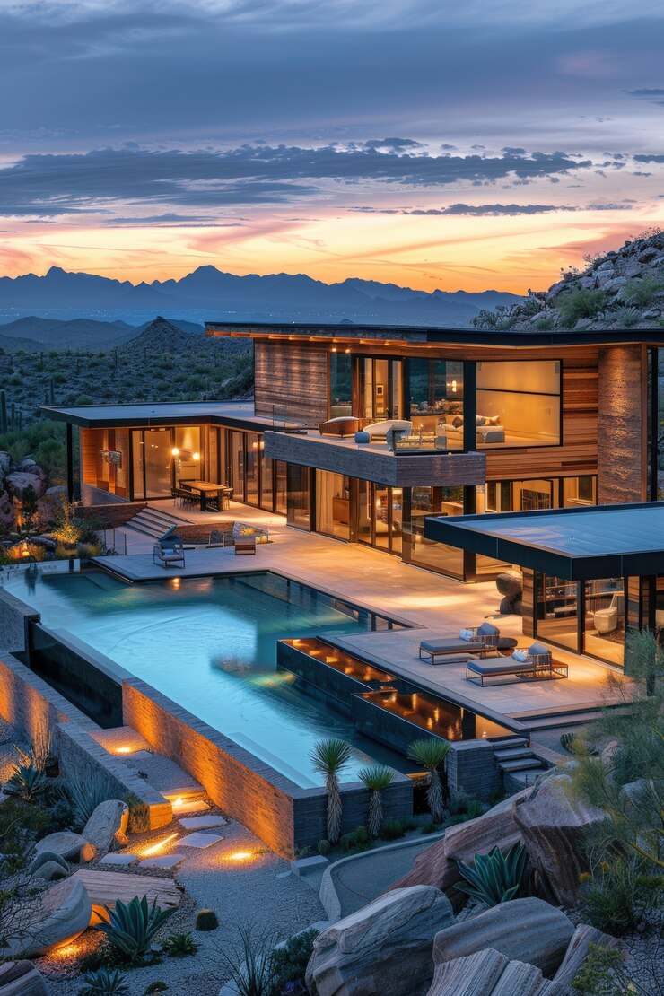 Foto gratuito vista di una lussuosa villa con un moderno design architettonico