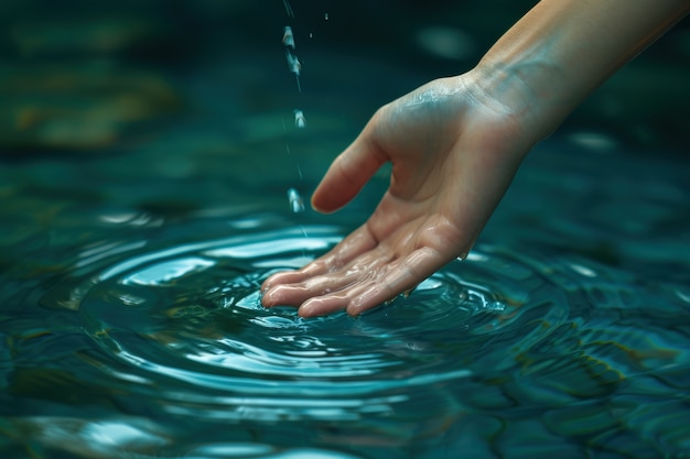 Vista di una mano realistica che tocca l'acqua limpida che scorre