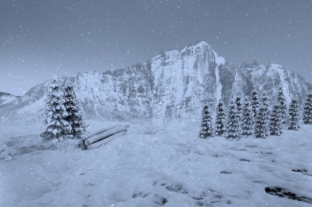 Vista di una montagna innevata e abeti con sfondo di nevicate