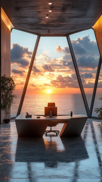Vista di uno spazio di lavoro moderno e futuristico con mobili