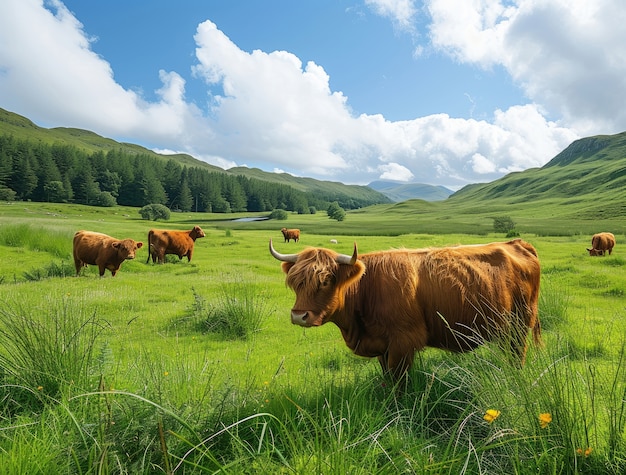 Vista fotorealista del pascolo delle mucche in natura all'aperto