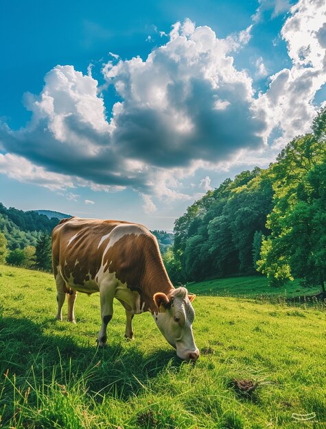 Vista fotorealista del pascolo delle mucche in natura all'aperto