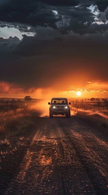 Vista fotorealista del veicolo fuoristrada con terreno naturale e condizioni meteorologiche