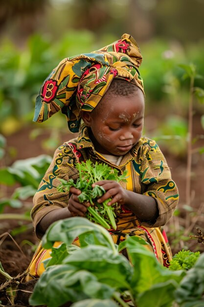 Vista fotorealista di africani che raccolgono verdure e cereali