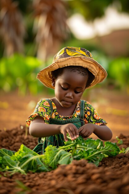 Vista fotorealista di africani che raccolgono verdure e cereali