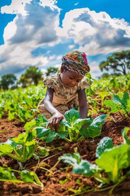 Vista fotorealista di africani che raccolgono verdure e cereali