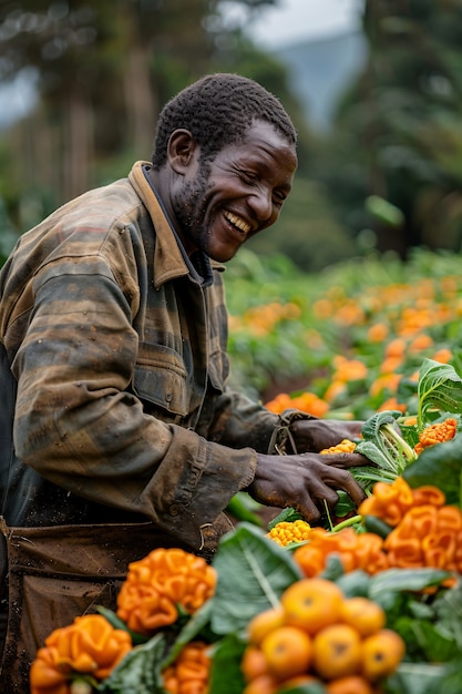 Vista fotorealista di africani che raccolgono verdure e cereali