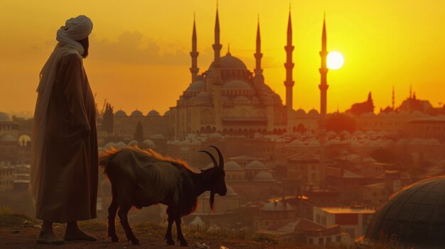 Vista fotorealista di musulmani con animali preparati per l'offerta dell'Eid al-Adha