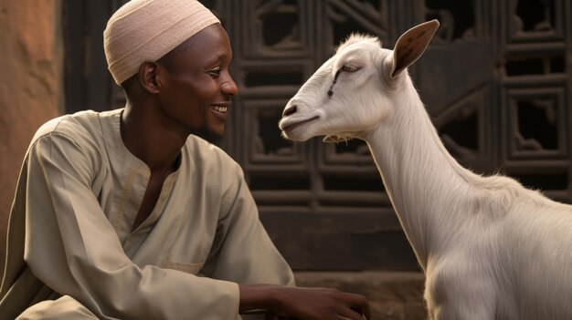 Vista fotorealista di musulmani con animali preparati per l'offerta dell'Eid al-Adha