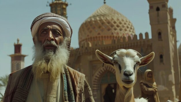 Vista fotorealista di musulmani con animali preparati per l'offerta dell'Eid al-Adha